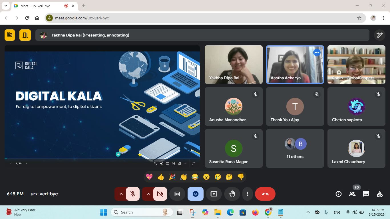 Digital Kala opening slide with facilitators Yakhha Dipa Rai and Aastha Acharya visible during the Navigating the Digital Era session